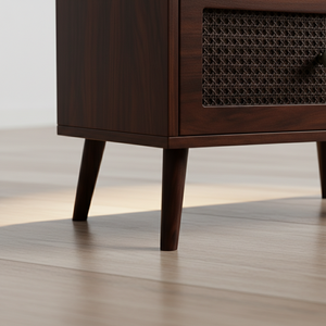 Table d'appoint moderne à 2 tiroirs, écologique, avec 5+ compartiments, porte à battants, en bois de caoutchouc, MDF, placage de chêne et détails en rotin pour salon - Product Image 5