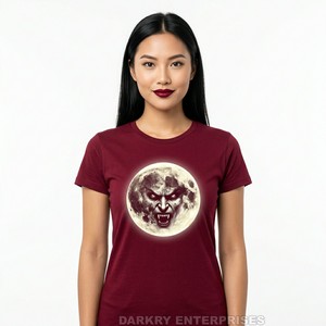เสื้อยืดผู้หญิงสีแดงเลือดหมู ลายกราฟิกแวมไพร์พระจันทร์เต็มดวง เสื้อยืดสั่งทำพิเศษ ผู้ผลิตเสื้อยืดทรงเข้ารูปสำหรับผู้หญิง คุณภาพส่งออก - Product Image 1
