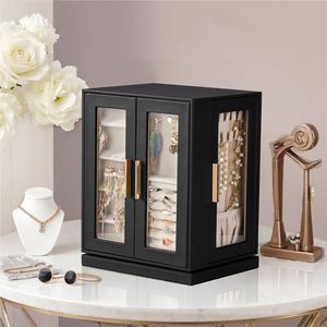 <b>Black</b> 360 Degree Rotating Jewelry <b>Box</b> with 5 Drawers Pink Velvet Interior Elegant Cabinet Storage - Product Image 2