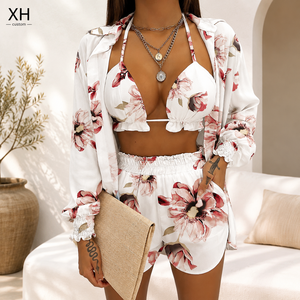 Conjunto de 3 piezas sexy para mujer 2026: Novedad de moda, pantalones cortos de playa y traje de baño a juego para mujer - Product Image 1