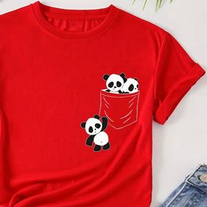 T-shirt unisexe rouge à manches courtes avec imprimé panda sur la poche, haut décontracté d'été 100% coton, design cartoon, logo sur le devant - Product Image 4