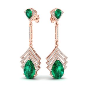 Boucles d'oreilles longues pendantes REYES personnalisées en or 14 carats avec émeraude verte et diamants pour femmes, bijoux pour mariage et soirées. - Product Image 5