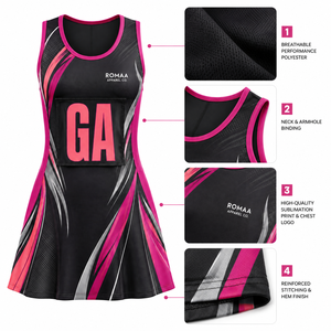 Vestido de Netball Personalizado para Mujer, Color Negro, Rosa Intenso, Coral y Plateado, Sublimado, Sin Mangas, Cuello Redondo, Uniforme de Equipo con Número de Posición - Product Image 3