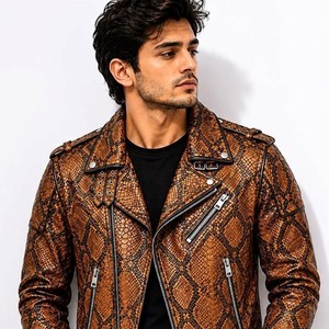 Veste en cuir PU pour homme, motif python gaufré, style motard, col rabattu, coupe classique, pour l'automne - Product Image 3