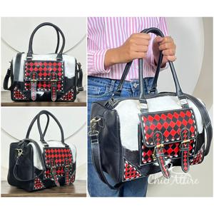 Nuevo Bolso de Hombro/Bandolera de Cuero Vacuno con Diseño a Cuadros Rojos y Negros 2026, con Detalles en Piel con Pelo, para Mujer - Product Image 1