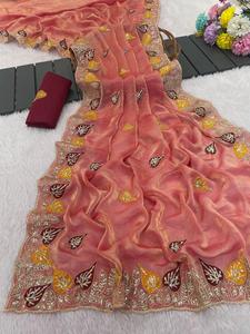 Indian Traditional Ethnic <b>Satin</b> Silk <b>Saree</b> with Embroidery and Zari Thread Work for Women Wedding Partywear Trendy Fancy Outfit - Product Image 6