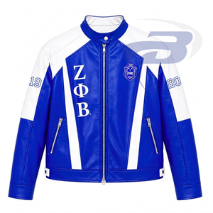 Zeta Phi Beta Sorority PU Leather Varsity <b>Jacket</b> Blue <b>White</b> Letter Print Full Sleeve Zipper Casual Style Women's Racing <b>Jacket</b> - Product Image 1