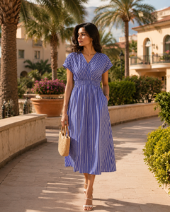 Vestido Midi a Rayas Azules y Blancas para Mujer, Manga Corta, Cuello en V, Cintura Alta, Estilo Casual de Verano con Bolsillos - Product Image 1