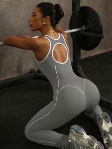 Women's Scoop Neck Sleeveless Seamless Athletic Jumpsuit | Full-Length Sculpting <b>Yoga</b> <b>Unitard</b> with Contrast Piping Trim - Product Image 6