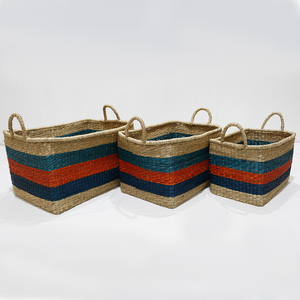 Panier de rangement artisanal en jonc de mer, motif rayé bleu naturel, tissé à la main, décoration d'intérieur - Product Image 1