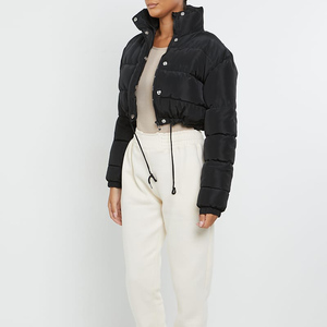 Women's Black Quilted Puffer <b>Jacket</b> Stand Collar Full <b>Sleeve</b> Winter <b>Short</b> Length Button Closure Thick Polyester Wadding <b>Jacket</b> - Product Image 2