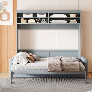 Queen Size Gray Murphy <b>Bed</b> Wall <b>Bed</b> with Sofa Durable and <b>Space</b>-<b>Saving</b> Furniture - Product Image 2