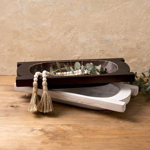 Hand Carved Wooden Dough Bowl with Wood Bead Garland Tassels Rustic Walnut European Trencher Bowl for Farmhouse Home <b>Decor</b> - Product Image 2