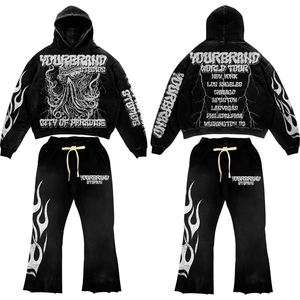 Ensemble de survêtement unisexe personnalisé style gothique Y2K avec sweat à capuche et pantalon large imprimé flamme tribale et masque, tenue streetwear deux pièces - Product Image 3