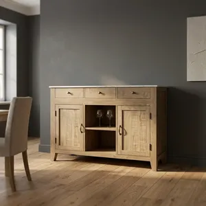 Aparador de Madera con Tapa de Mármol, Tres Cajones, Dos Puertas y Estante Abierto - Product Image 4