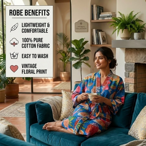 Bata Kimono de Algodón Azul con Estampado Floral, Mangas Largas, Cuello en V, Cinturón con Cordón, Bolsillos Delanteros, Bata Larga para Descansar - Product Image 4