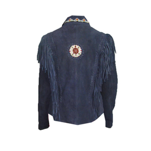 Veste en daim bleu à franges avec patchs perlés, col montant, manches longues, longueur standard, broderie à la main, pour femme, automne - Product Image 6