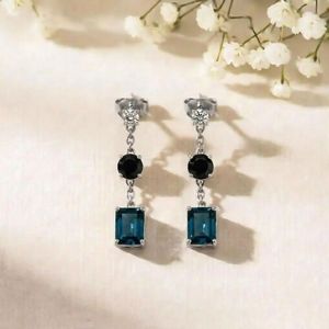 London Blue Topaz <b>Black</b> Obsidian Drop Earrings Rectangle & Round Cut CZ Accent Minimalist Stud Dangle Gift For Her Jewelry - Product Image 1