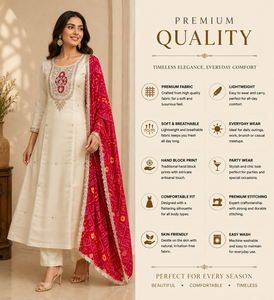 Ensemble Kurti et pantalon en soie et mousseline beige à motifs floraux, style indien, pour femme, tenue de fête, avec dupatta Bandhani, robes Salwar Kameez - Product Image 3