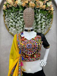 Mirror Work Faux Georgette <b>Lehenga</b> Choli Set Black Yellow Embroidered Ethnic Wear <b>Women</b> Traditional Indian Diwali Party - Product Image 2