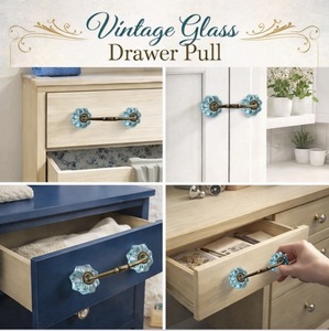 Vintage Glass Drawer Pull Faceted Aqua Crystal Antique Brass Finish Ornate Floral Design for Cabinets and Drawers - Product Image 2