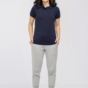 Polo à manches courtes pour femme de qualité supérieure, couleur unie, longueur normale, style décontracté, tissu tricoté, bleu marine - Product Image 4