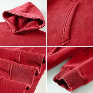 Sweat à capuche oversize rouge délavé à l'acide – Pull en molleton de coton épais avec poche kangourou pour homme - Product Image 5