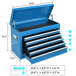 Blue 5-Drawer Lockable Steel Tool <b>Chest</b> Heavy Duty 330 Lbs Capacity <b>Storage</b> Cabinet with Lid Support and Drawer Liners - Product Image 6