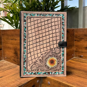 Personalized Designer Hand Tooled Portfolio File <b>Folder</b> Multi-function Business <b>A4</b> Notebook Cover Genuine Leather Snap Padfolios - Product Image 3