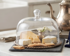 Premium Anti Dust Round Rope Border Metal Serving <b>Tray</b> With Glass Lid Round Classic Design Reusable For Party Use <b>Dinner</b> - Product Image 1