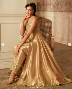 SADIA AUN HUTE COUTURE Golden Embroidered Silk Formal Ethnic Saree Keyhole <b>Back</b> Traditional Indian Wedding Wear for <b>Women</b> Quick - Product Image 2