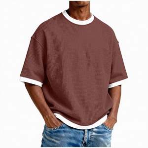 Camiseta Corta para Hombre al por Mayor OEM, Corte Cuadrado Regular, Hombro Caído, Manga Corta, Peso Medio, Cuello Redondo, Tejido Waffle Básico, 100% Algodón - Product Image 3