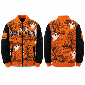 <b>Men's</b> Halloween <b>Sherpa</b> <b>Fleece</b> Bomber Jacket Orange Black Ghost Pumpkin Print Zipper Stand Collar Casual Autumn Warm Coat - Product Image 1