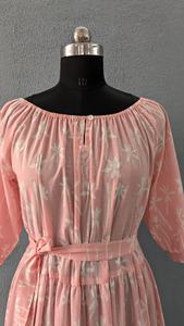 Vestido de Algodón Estampado a Mano, Vestido de Algodón con Capas, Vestido de Algodón Estampado, Estampado Floral, Cuello Redondo, Manga Larga, Vestido Largo para Fiesta - Product Image 6