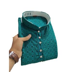ATTRACTIVE RAYON <b>CHIKANKARI</b> EMBROIDERY WORK READY to WEAR MENS <b>KURTA</b> WITH PAJAMA MORPITCH Achkan Bandhgala Sherwani - Product Image 1