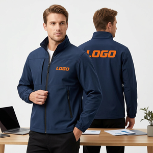Chaqueta de Trabajo con Capucha Azul Marino para Hombre, Resistente al Viento, con Logotipo Naranja Impreso por Transferencia Térmica, Cuello Alto, Cierre de Cremallera, para Otoño - Product Image 3