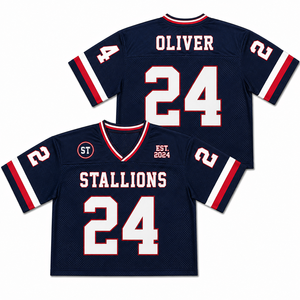 Maillot de football américain bleu ciel pour l'école, coupe ample, brodé, personnalisé avec nom et numéro du joueur, en maille, en twill, col en V, commande en gros - Product Image 2