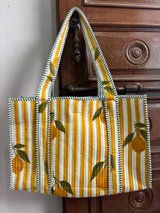 Vintage Hand Block Print <b>Quilted</b> Zipper Women's Shoulder Tote Bag Eco-Friendly Floral Cotton Lightweight Spring Summer <b>Winter</b> - Product Image 3