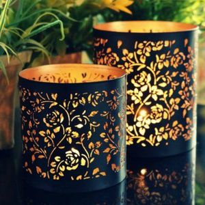 Laser Cut Rose Black Cylinder Metal Lantern With Gold Floral Pattern <b>Heat</b> Resistant Home Decoration - Product Image 1