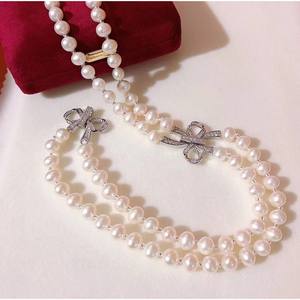 Collar de Perlas de Agua Dulce de Doble Capa de 7-8 mm, Casi Redondas, con Nudos de Mariposa, Accesorios de Joyería, Gran Venta - Product Image 2