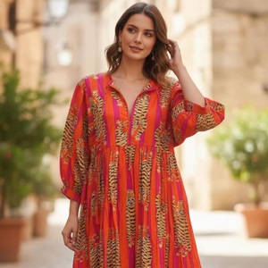 Cotton Floor Length Dress V Neck <b>Three</b> Quarter Puff Sleeves Loose Fit Animal Pattern Women Daily Wear Embroidery - Product Image 1