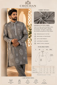 Mens Ethnic Grey Printed Cotton Kurta Pajama <b>Set</b> Embroidered Neck Indian Traditional Festival Outfit Wholesale Supplier B2B - Product Image 3
