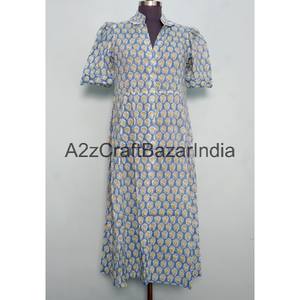 Robe midi à imprimé floral en coton 100% écologique pour femmes, col en V, manches courtes, poches, décoration boutonnée, robe de bureau pour femme - Product Image 3