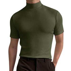 T-shirt à col roulé blanc pour homme, manches courtes, coupe ajustée, tricot uni, décontracté, basique - Product Image 3