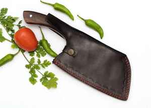 Couteau de boucher en acier carbone forgé à la main, lame martelée rustique, manche en bois, avec étui en cuir, vente en gros fabricant - Product Image 5