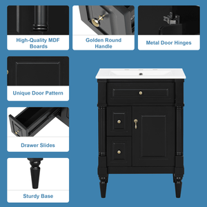 Mobile Bagno Nero da 24 Pollici con Lavabo, Cassetto a Ribalta, Ripiano Regolabile in Legno Massello di Gomma, Qualità Premium - Product Image 6