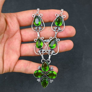 Elegant Green Peridot Leaf Design Necklace Handmade Christian Religious <b>Silver</b> Plated <b>Chokers</b> Link Chain Women - Product Image 1