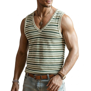 Débardeur Homme Personnalisé Col V Rayé Coupe Slim Sans Manches pour Entraînement Musculation Été Décontracté Plage Vente en Gros - Product Image 6