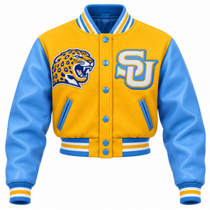 Chaqueta Universitaria Corta Southern University Jaguars, Chaqueta Bomber Personalizada HBCU Dorada y Azul con Letras Bordadas para Mujer, Venta al Por Mayor - Product Image 1