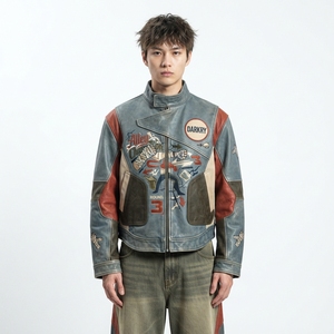 เสื้อแจ็คเก็ตหนังสีน้ำเงินสไตล์วินเทจสำหรับผู้ชาย ตกแต่งลายปะติดแบบเรโทร ลายกราฟิกนักชก นักแข่งรถ  ทรงบอมเบอร์ - Product Image 1